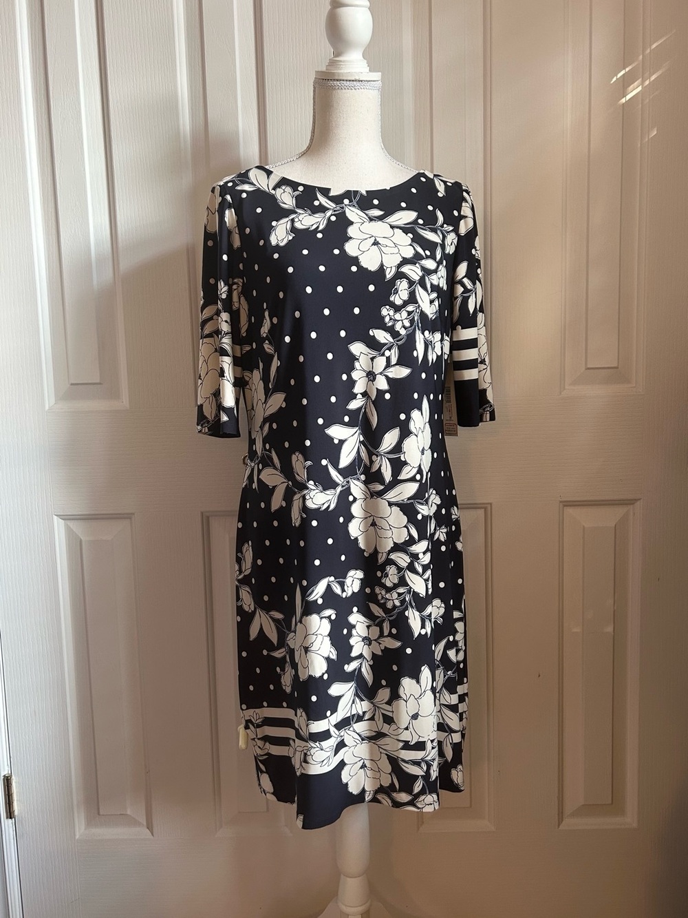 NWT ELIZA J 3/4 Sleeves Floral Polka Dot Midi Dress, Navy Blue & White, Size 10